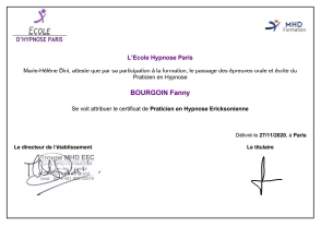 Diplôme de Praticienne en Hypnose Ericksonienne Fanny Bourgoin